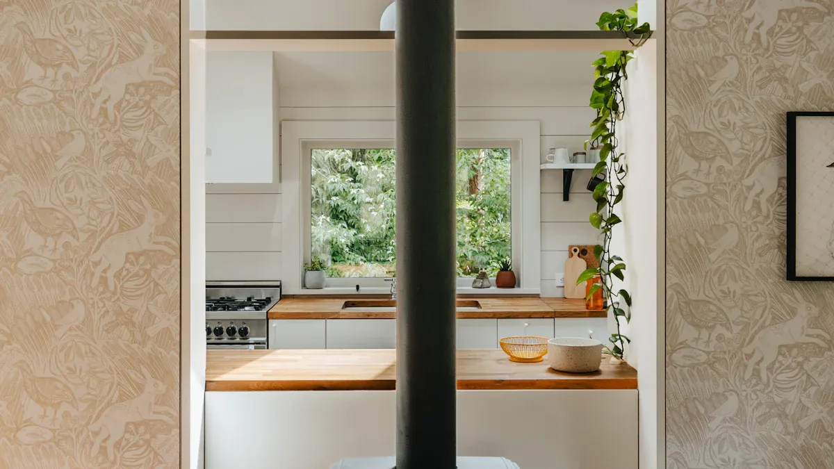 how wide opening between cabinets and stove